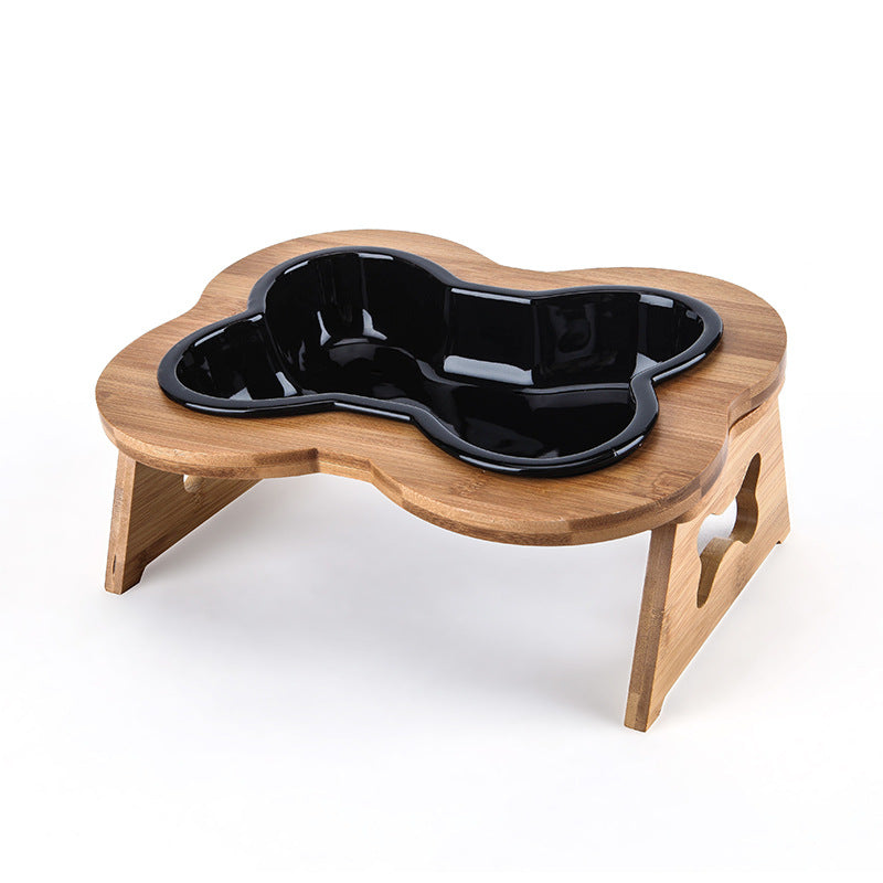 Color: Black, style: Bowl wooden stand - Anti-overturning Ceramic Protective Cervical Spine Large Pet Bowl