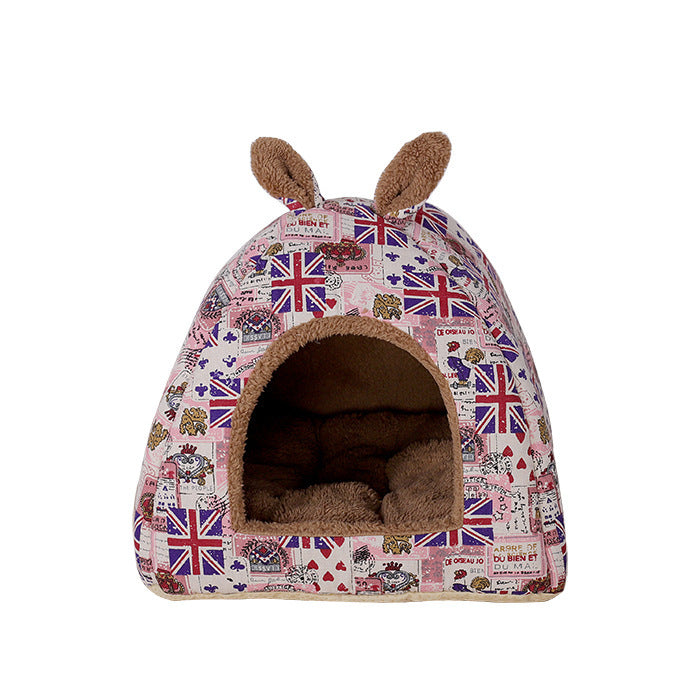 Color: Flag pink, Size: S - Pet Kennel House Winter Warm Rabbit Ears Cat Litter Pad Closed Yurt