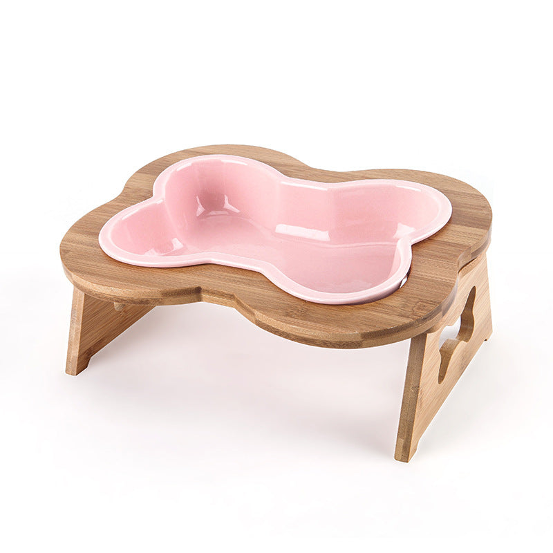 Color: Pink, style: Bowl wooden stand - Anti-overturning Ceramic Protective Cervical Spine Large Pet Bowl