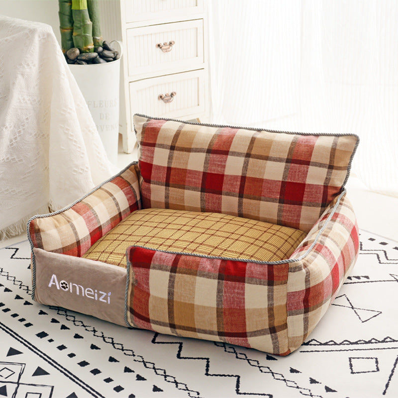 Color: Red lattice mat forback, Size: M - The kennel can be removed and washed