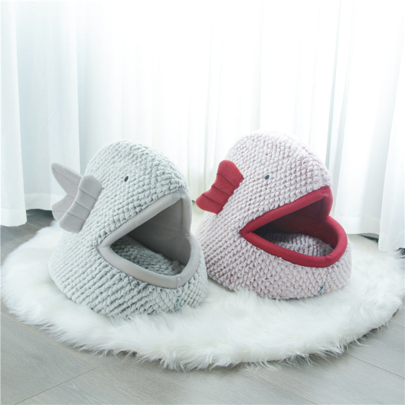 Color: Red, Size: L - Semi Enclosed Fish Shaped Cartoon Cat Litter Small Dog Pet Bed