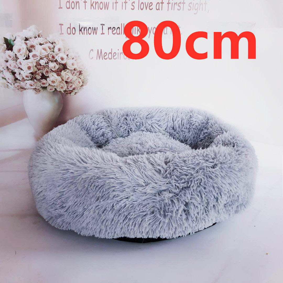 Color: Light Grey80cm - Cotton Pet Bed Winter Warm Sleeping Bed For Dogs Kennel Dog Round Cat Long Plush Puppy Cushion Mat Portable Cat Supplies
