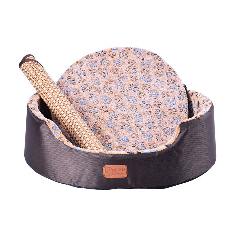 style: Coffee footprints and mats, Size: S - Four Seasons Universal Washable Teddy Kennel Small Dog And Cat Kennel Medium Dog Bed Pet Bed Dog Pad
