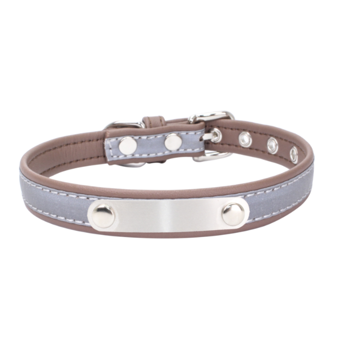 Color: Brown, Size: M - Pet collar stainless steel iron lettering anti-lost dog collar comfortable microfiber dog chain