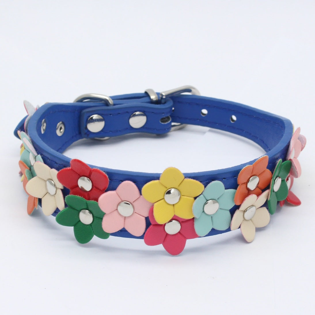 Color: Navy Blue, Size: M - Colorful double row flower pet collar