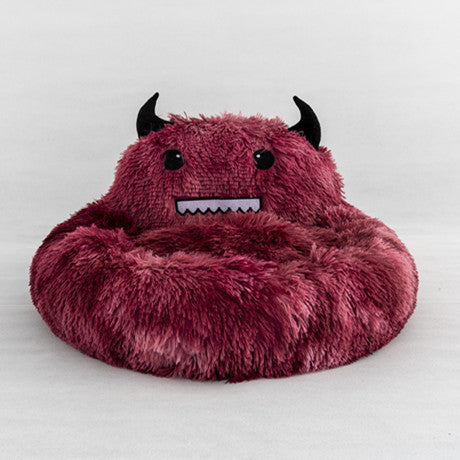 Color: Wine Red, Size: 70cm - Cute Round Cat Bed Soft Long Plush Cartoon Animal Embroidery Nest Winter Warm Sleeping Mat