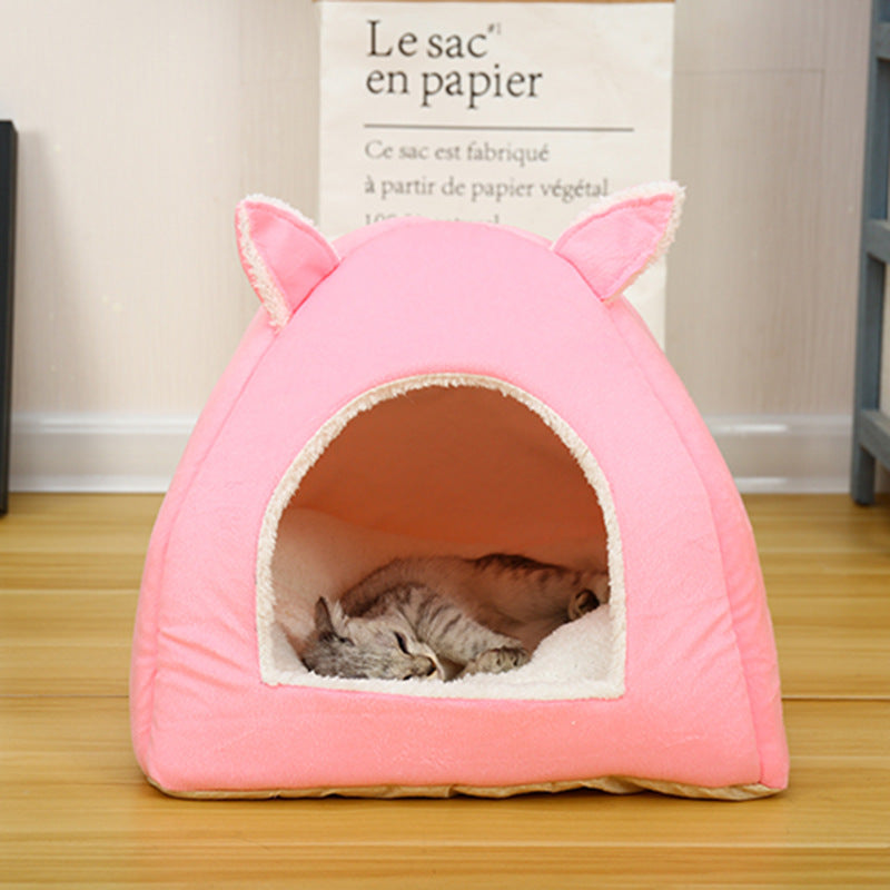Color: Pink, Size: XS - Pet Kennel House Winter Warm Rabbit Ears Cat Litter Pad Closed Yurt