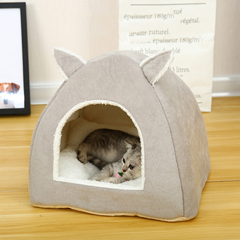 Color: Grey, Size: S - Pet Kennel House Winter Warm Rabbit Ears Cat Litter Pad Closed Yurt