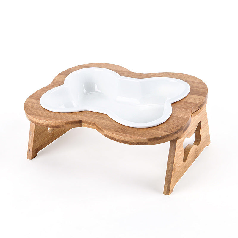 Color: White, style: Bowl wooden stand - Anti-overturning Ceramic Protective Cervical Spine Large Pet Bowl