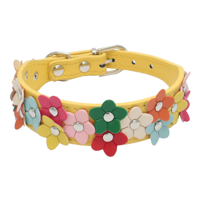 Color: Yellow, Size: S - Double row flower pet collar
