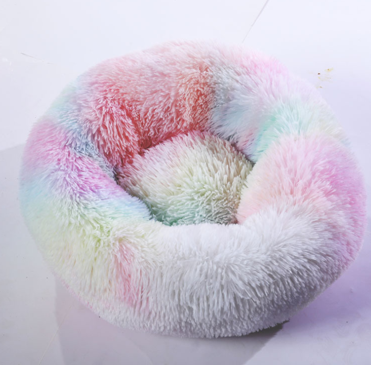 Color: Rainbow - Cotton Pet Bed Winter Warm Sleeping Bed For Dogs Kennel Dog Round Cat Long Plush Puppy Cushion Mat Portable Cat Supplies