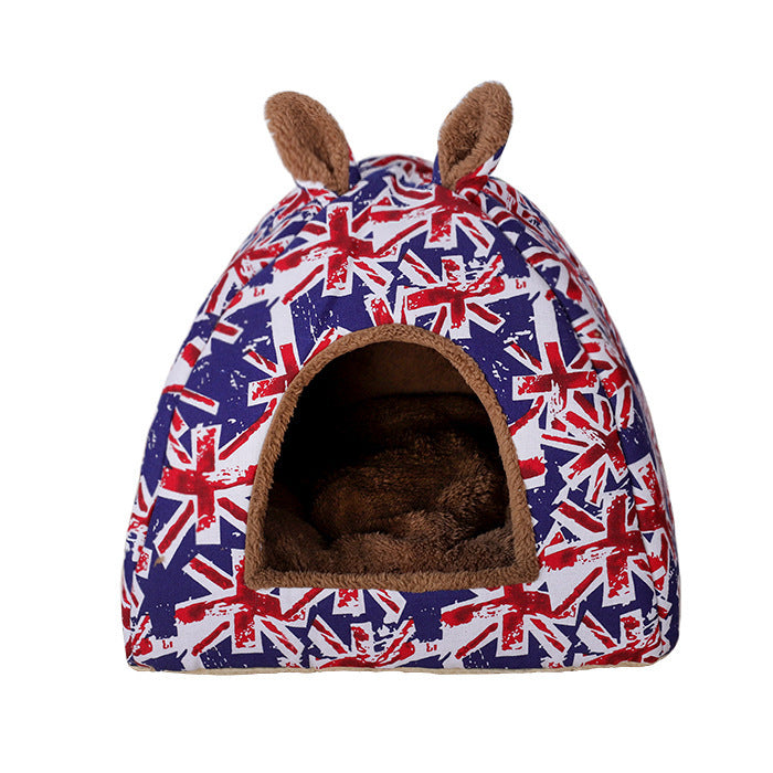 Color: Flag blue, Size: XS - Pet Kennel House Winter Warm Rabbit Ears Cat Litter Pad Closed Yurt
