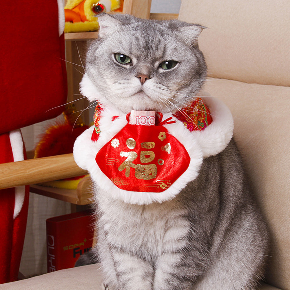 Pet Cat Cloak Apparel Tang Suit Adjustable Size Wear-resistant Chinese New Year Style Pet Blessing Bag Bib C