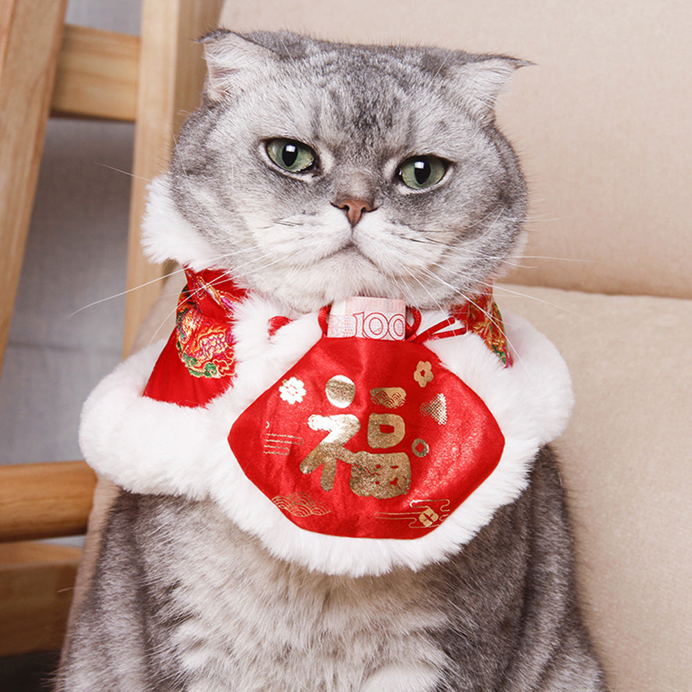 Pet Cat Cloak Apparel Tang Suit Adjustable Size Wear-resistant Chinese New Year Style Pet Blessing Bag Bib C