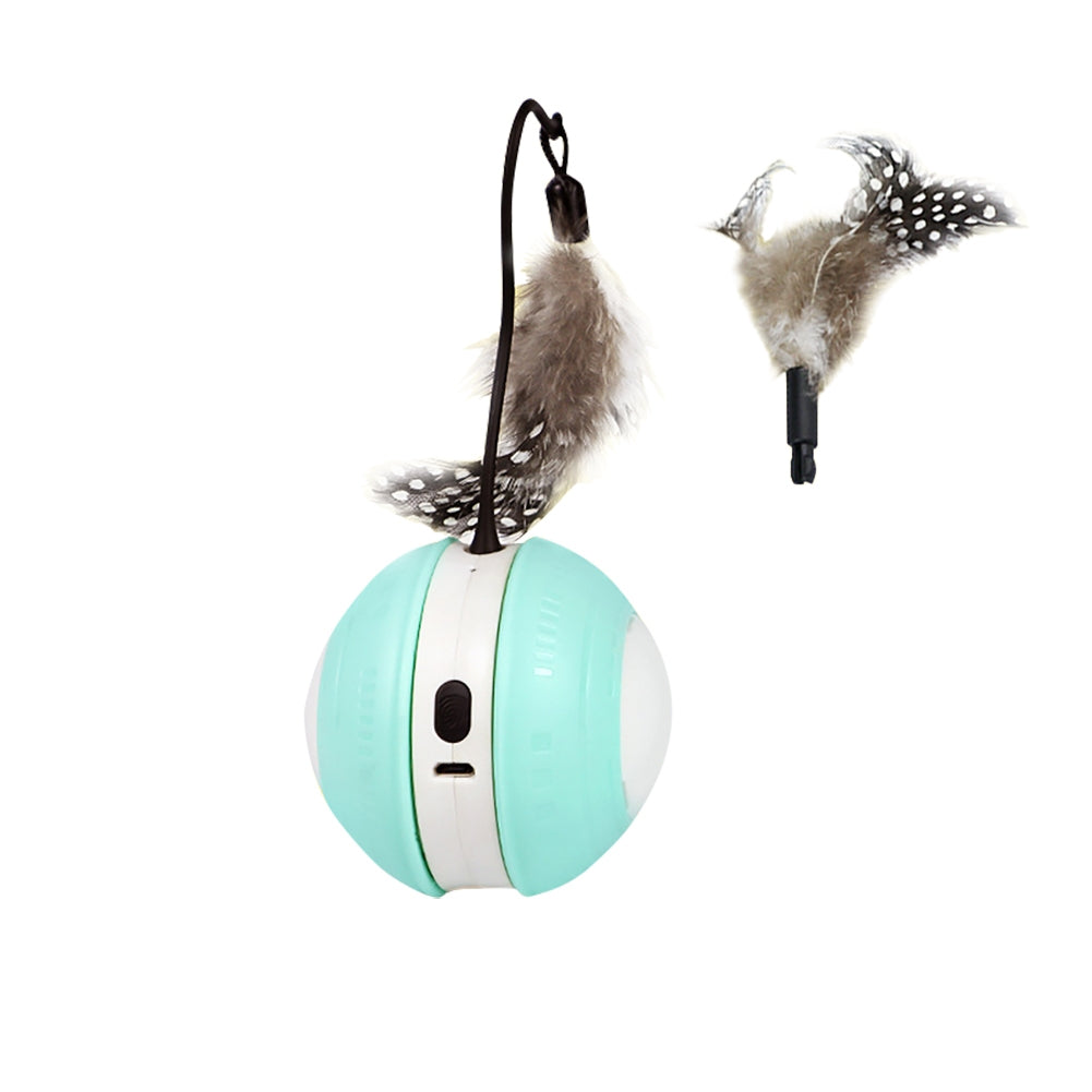 Pet Cat Automatic Moving Ball Toys With Feathers Accessories Usb Rechargeable Luminous Sounding Ball For Indoor Cats green white green hard shell The product diameter is 7.5 and the height of the cat teasing stick is 9cm