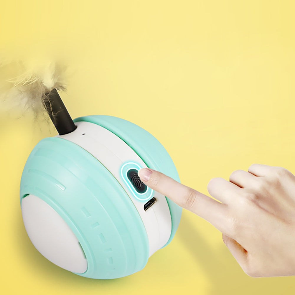 Pet Cat Automatic Moving Ball Toys With Feathers Accessories Usb Rechargeable Luminous Sounding Ball For Indoor Cats green white green hard shell The product diameter is 7.5 and the height of the cat teasing stick is 9cm