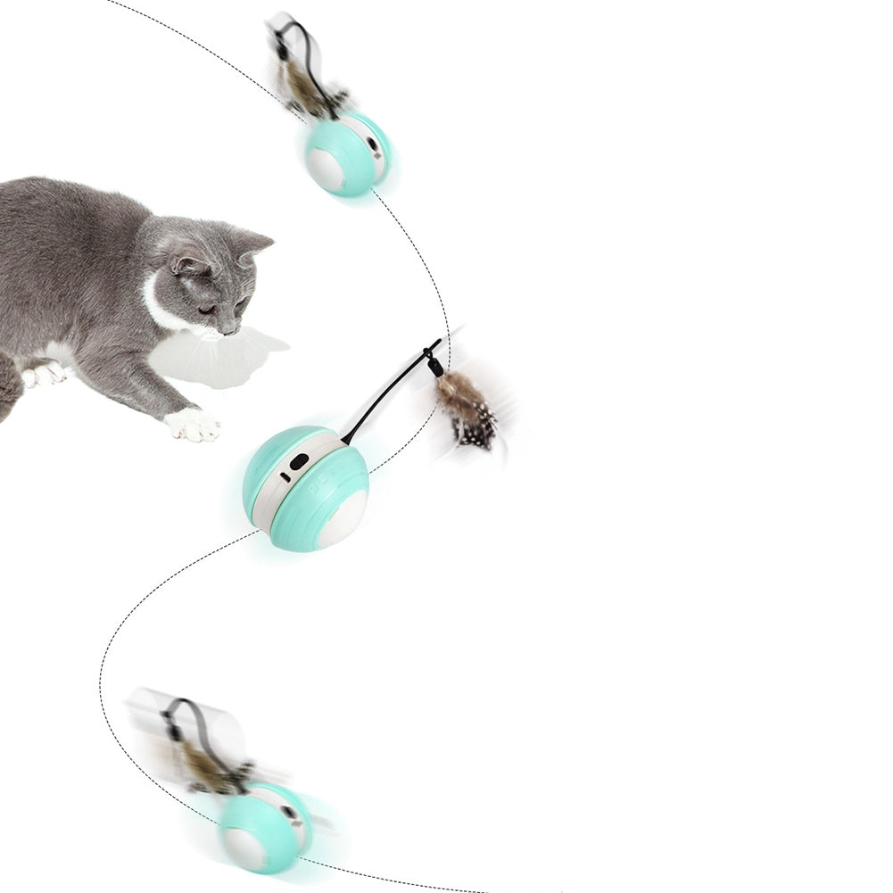 Pet Cat Automatic Moving Ball Toys With Feathers Accessories Usb Rechargeable Luminous Sounding Ball For Indoor Cats green white green hard shell The product diameter is 7.5 and the height of the cat teasing stick is 9cm