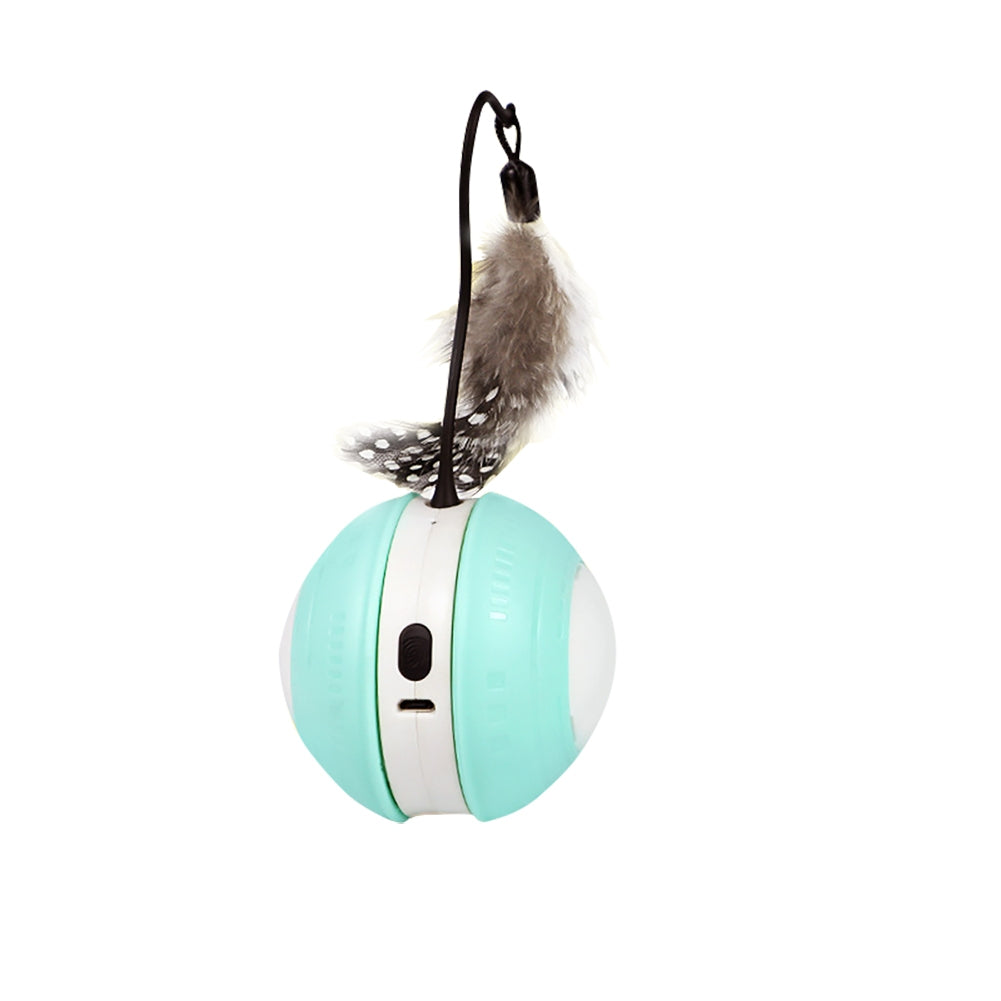 Pet Cat Automatic Moving Ball Toys With Feathers Accessories Usb Rechargeable Luminous Sounding Ball For Indoor Cats green white green hard shell The product diameter is 7.5 and the height of the cat teasing stick is 9cm