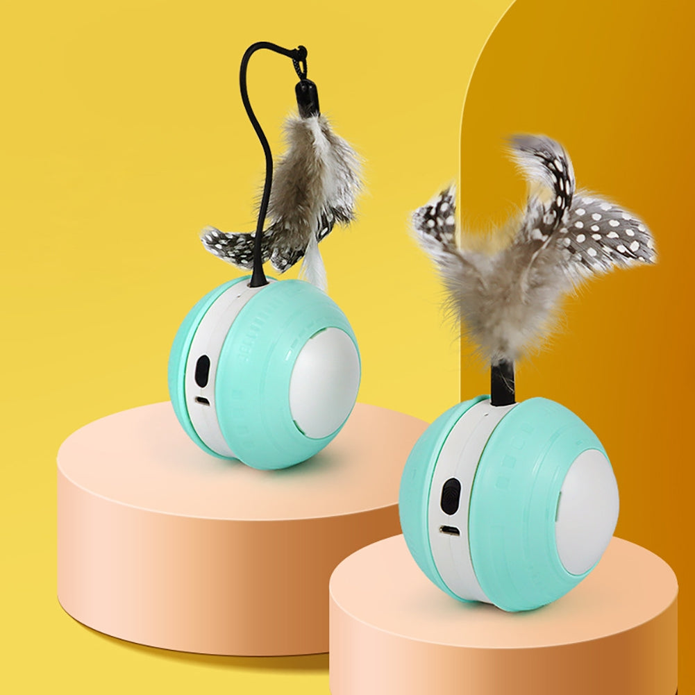 Pet Cat Automatic Moving Ball Toys With Feathers Accessories Usb Rechargeable Luminous Sounding Ball For Indoor Cats green white green hard shell The product diameter is 7.5 and the height of the cat teasing stick is 9cm