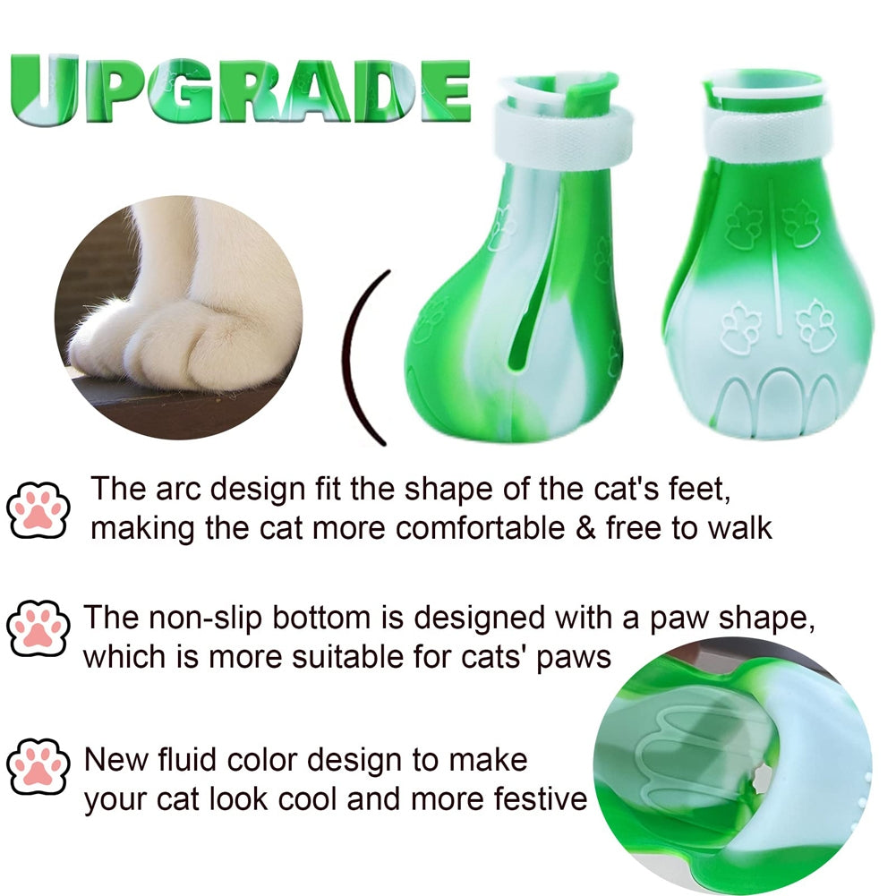 4pcs Pet Cat Silicone Foot Cover Washable Anti-scratch Contrast Color Paw Protector Boot Pet Supplies Green and white mixed color