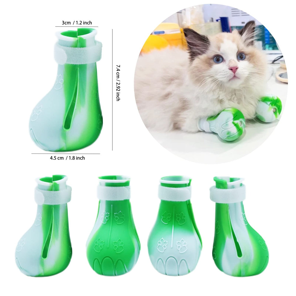 4pcs Pet Cat Silicone Foot Cover Washable Anti-scratch Contrast Color Paw Protector Boot Pet Supplies Green and white mixed color