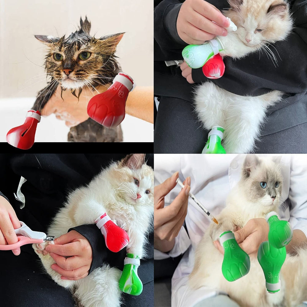 4pcs Pet Cat Silicone Foot Cover Washable Anti-scratch Contrast Color Paw Protector Boot Pet Supplies Green and white mixed color