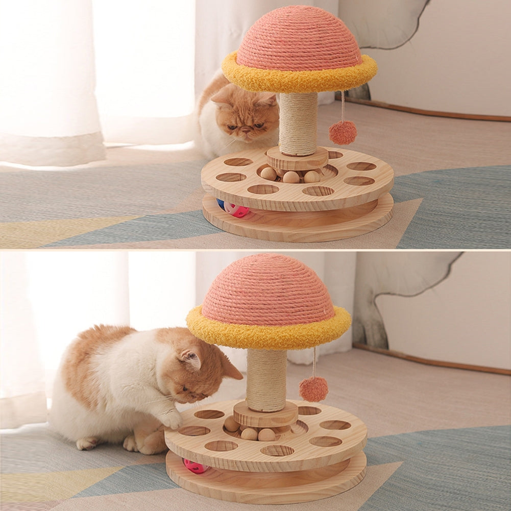 2-layer Cat Turntable Toy Cat Scratching Post Cat Scratcher Wooden Mushroom House With Interactive Balls Pet Supplies Hot wheels with pillars (small)