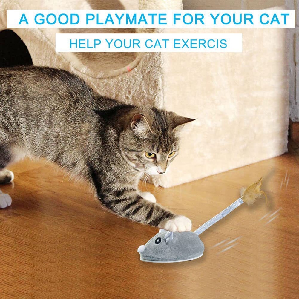 Pet Cat Plush Electronic Fake Mouse Toy With Feather Usb Rechargeable Interactive Cat Toys For Indoor Cats grey