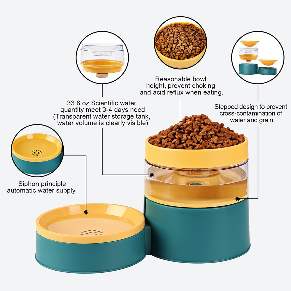 Pet Automatic Food Bowl Anti-overturning Neck Guard Double Layer Design Water Dispenser Feeder Set For Dogs Cats Double layer design green