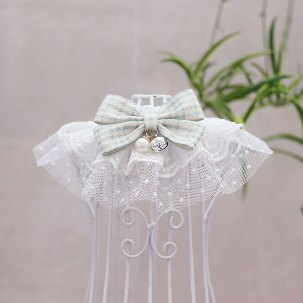 Pet Cat Lace Saliva Towel With Bell Soft Breathable Plaid Printing Bow Bibs Pet Costume Accessories Mint Green M
