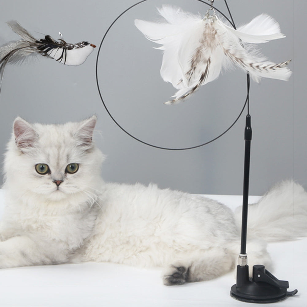 Detachable Teaser Stick Strong Suction Cup Funny Long Rod Feather Cat Interactive Toy white