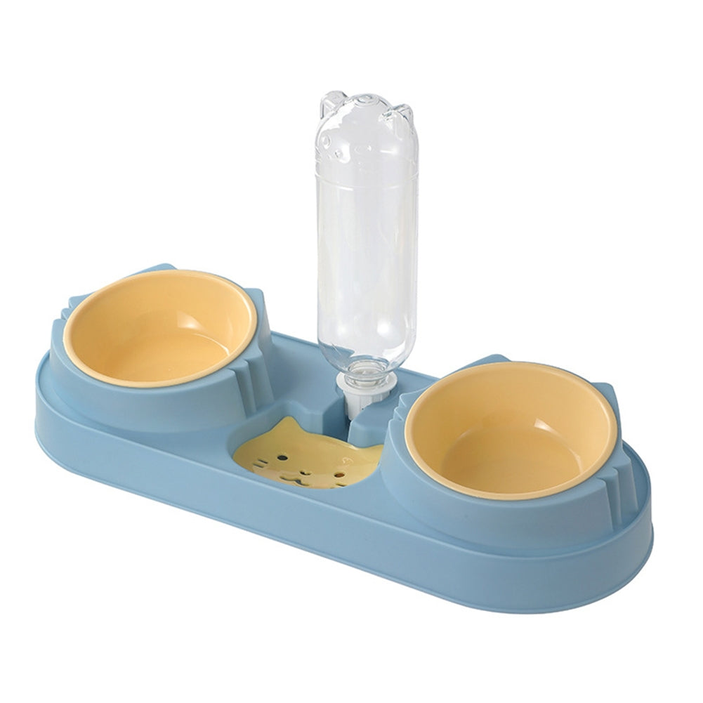 Pet Cat Double Bowls Anti-overturning Neck Protection Dog Automatic Food Bowl Water Dispenser Container Blue stainless steel