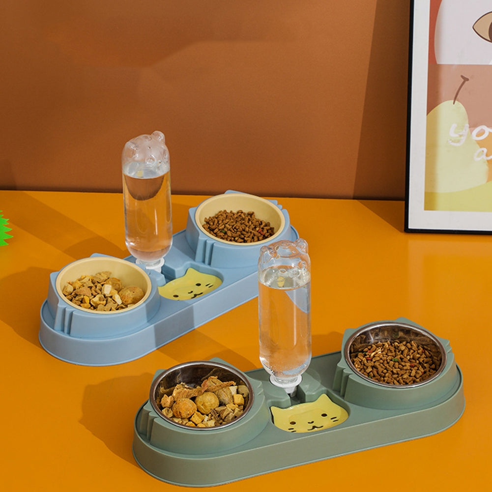 Pet Cat Double Bowls Anti-overturning Neck Protection Dog Automatic Food Bowl Water Dispenser Container Green stainless steel