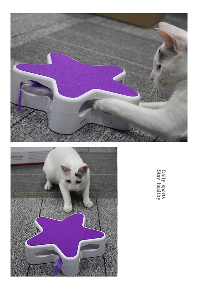 Feather 360 Degree Random Rotation Automatic Cat Toy Five Pointed Star Teaser Box for Pet blue
